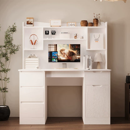 Birou modern cu extensie, alb, 4 sertare și rafturi, pentru birou sau cameră de lucru