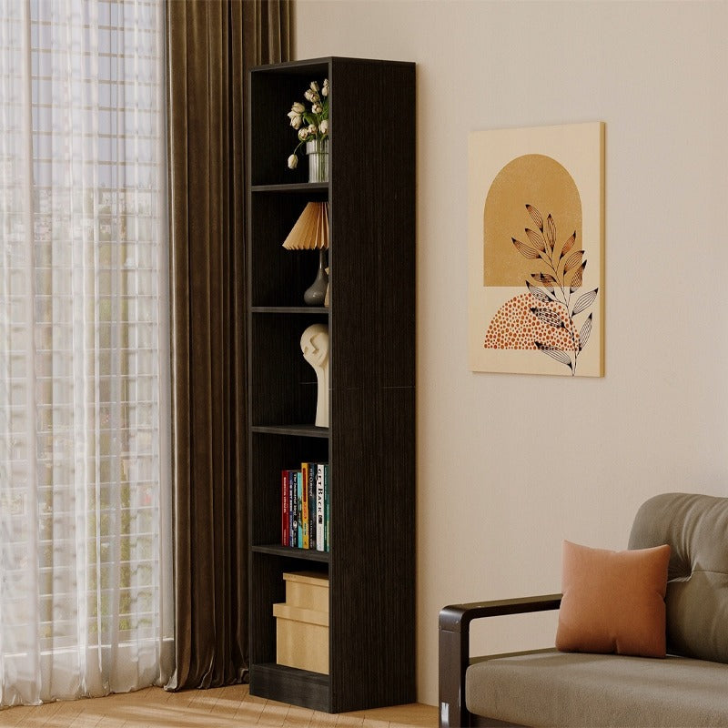 Bibliotecă verticală neagră cu rafturi înalte, dulap modern cu coloană, 182 cm