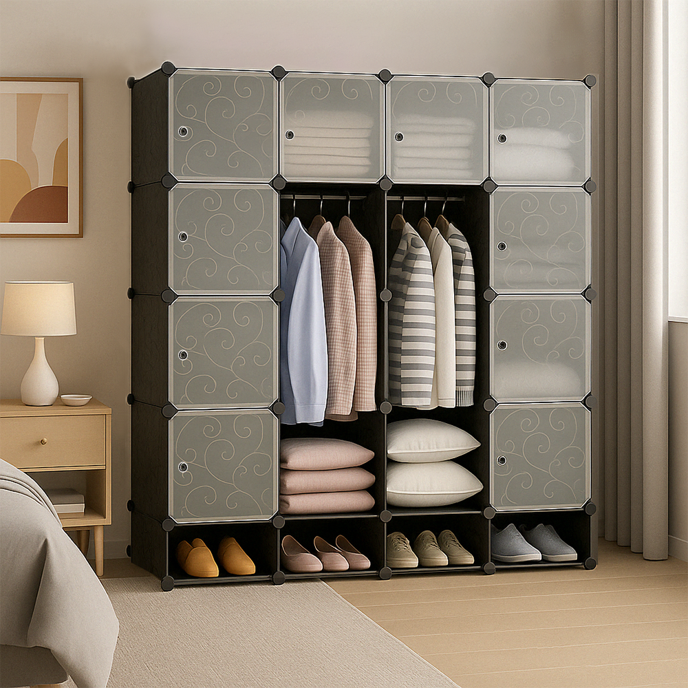 Dulap modular pliabil 165x147 cm - dulap cu rafturi și depozitare pantofi, ideal pentru dormitor sau călătorie