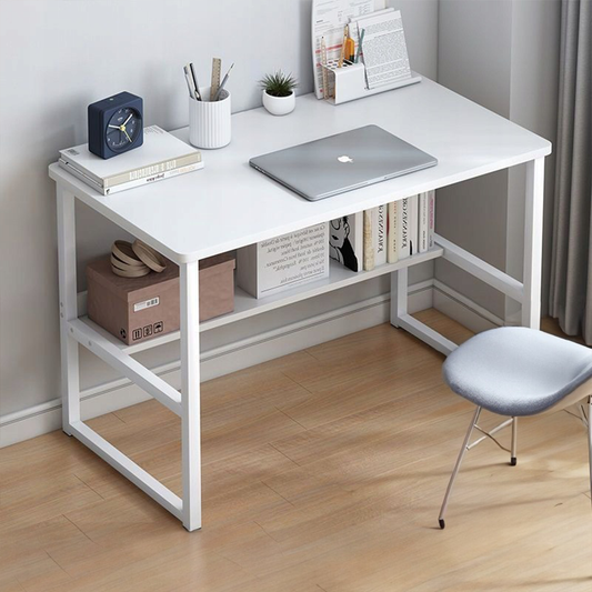 Birou modern alb pentru tineret cu raft încorporat - 100x45x73 cm, fabricat din MDF, design elegant.