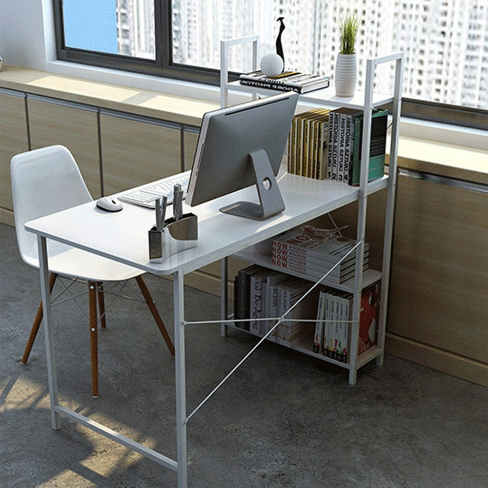 Birou modern alb cu rafturi laterale - 120x55x72 cm - ideal pentru biroul de acasă