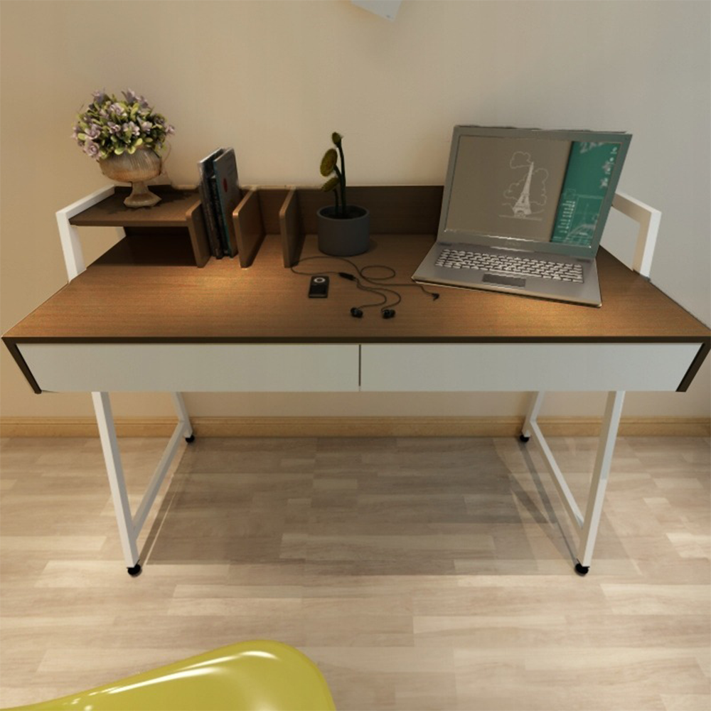 Birou stil loft cu sertare - 100x40x75 cm în alb și stejar închis.