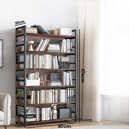 Bibliotecă în stil industrial rustic cu combinație de metal și lemn - 174x80x30 cm, 6 rafturi.