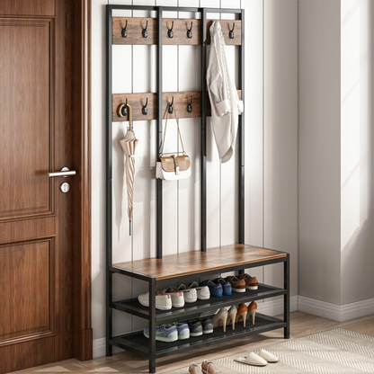 Dulap de intrare cu bancă și raft pentru pantofi 100x40x186 cm - stil industrial, culoare maro închis