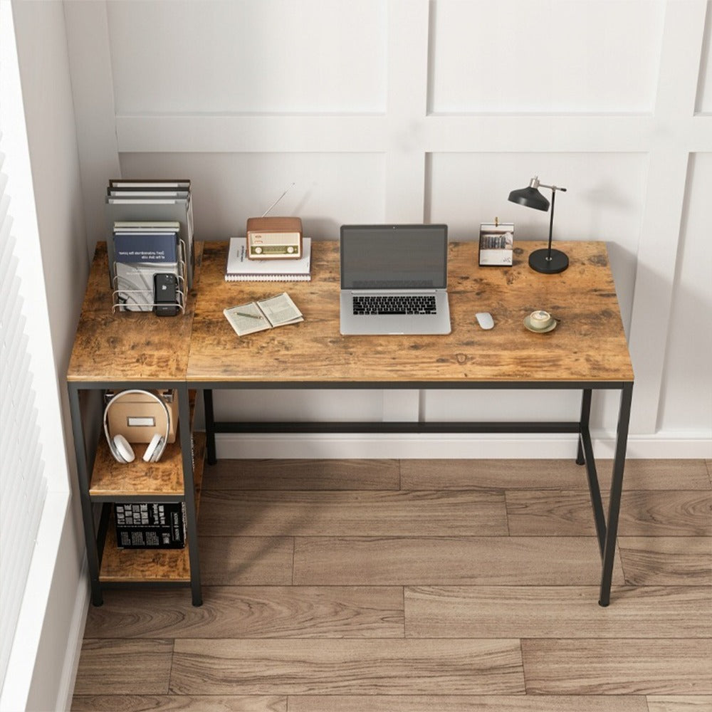 Birou cu 2 rafturi, maro rustic, 120x50x105 cm - stil loft, MDF, perfect pentru imprimantă sau