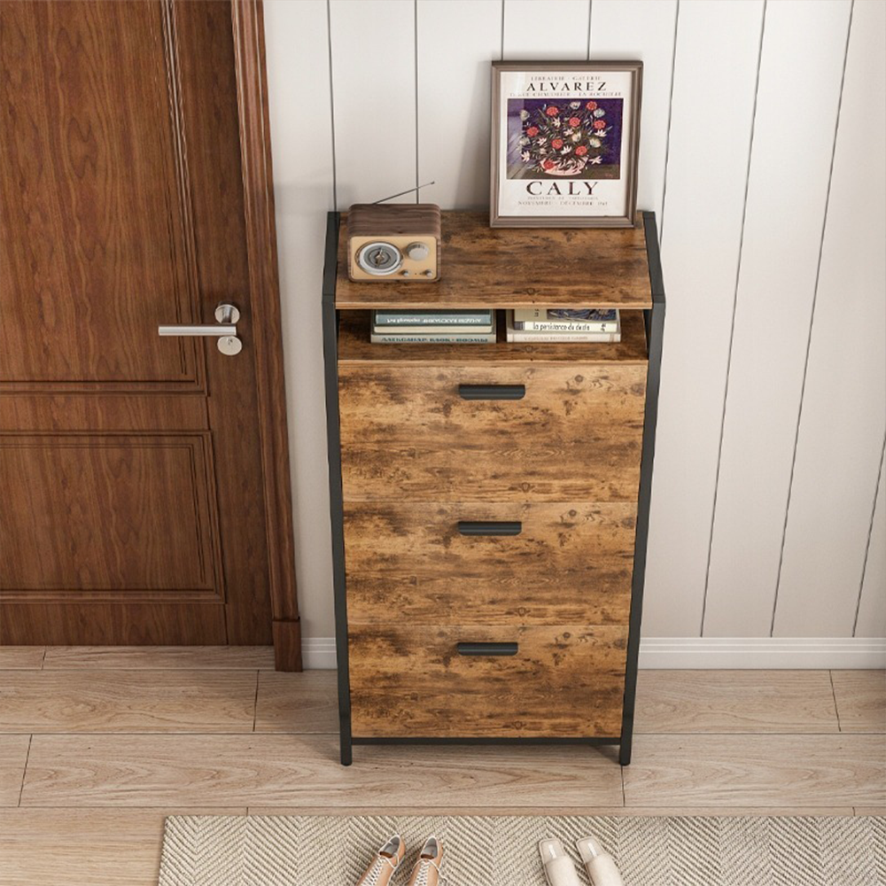 Dulap de pantofi maro rustic în stil loft 60x130x30 cm - 3 rafturi, MDF + metal, design industrial