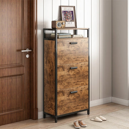 Dulap de pantofi maro rustic în stil loft 60x130x30 cm - 3 rafturi, MDF + metal, design industrial