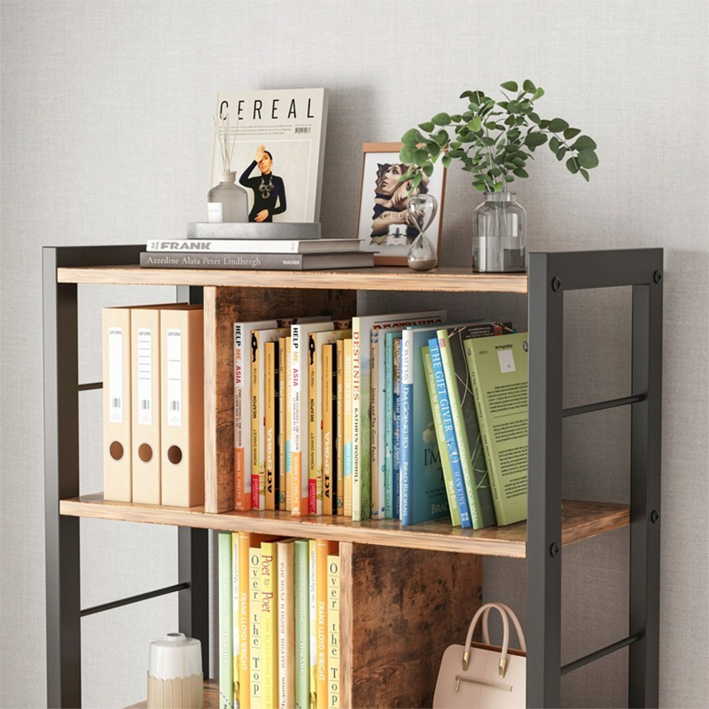 Bibliotecă industrială cu scară - 154,5 cm, maro rustic cu cadru din metal negru, stil loft