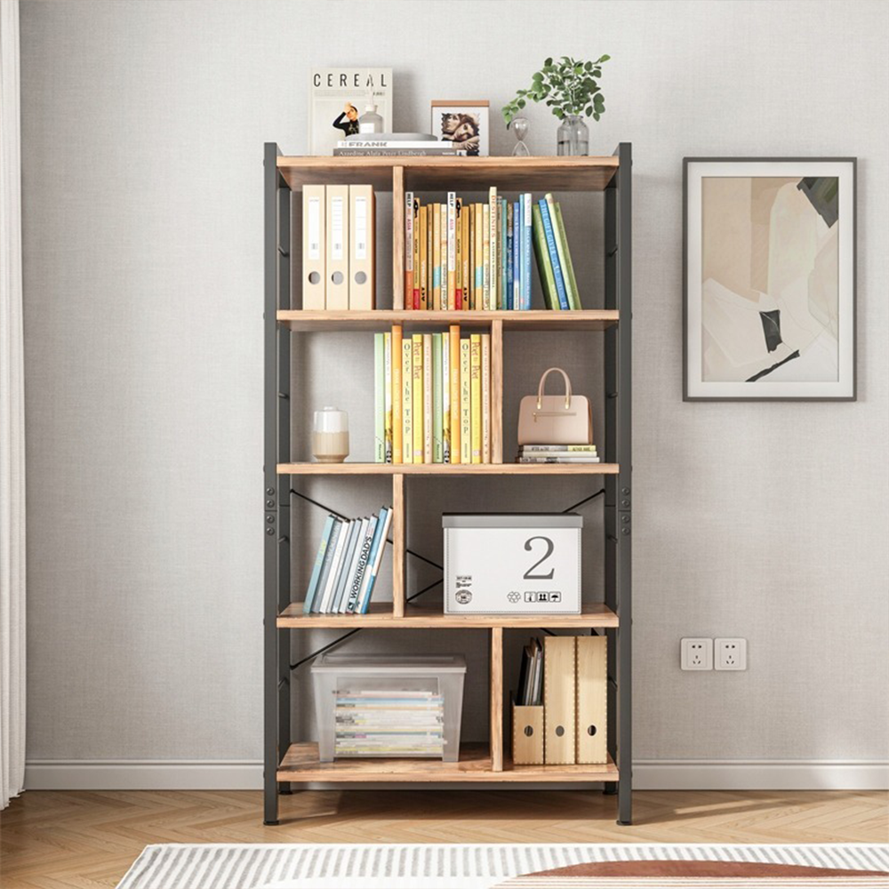 Bibliotecă industrială cu scară - 154,5 cm, maro rustic cu cadru din metal negru, stil loft