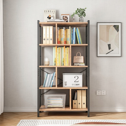 Bibliotecă industrială cu scară - 154,5 cm, maro rustic cu cadru din metal negru, stil loft