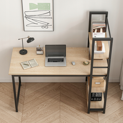 Birou 2-in-1 cu bibliotecă - 119,5x48x120 cm - Design compact, maro deschis, stil industrial