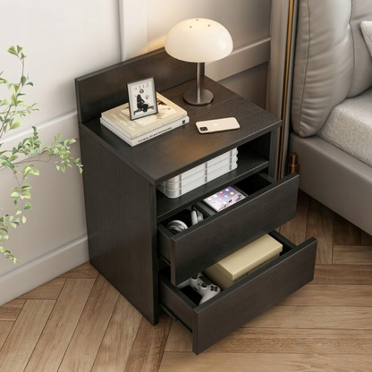 Măsuță de noptieră neagră cu 2 sertare 40 cm - stil loft modern, MDF