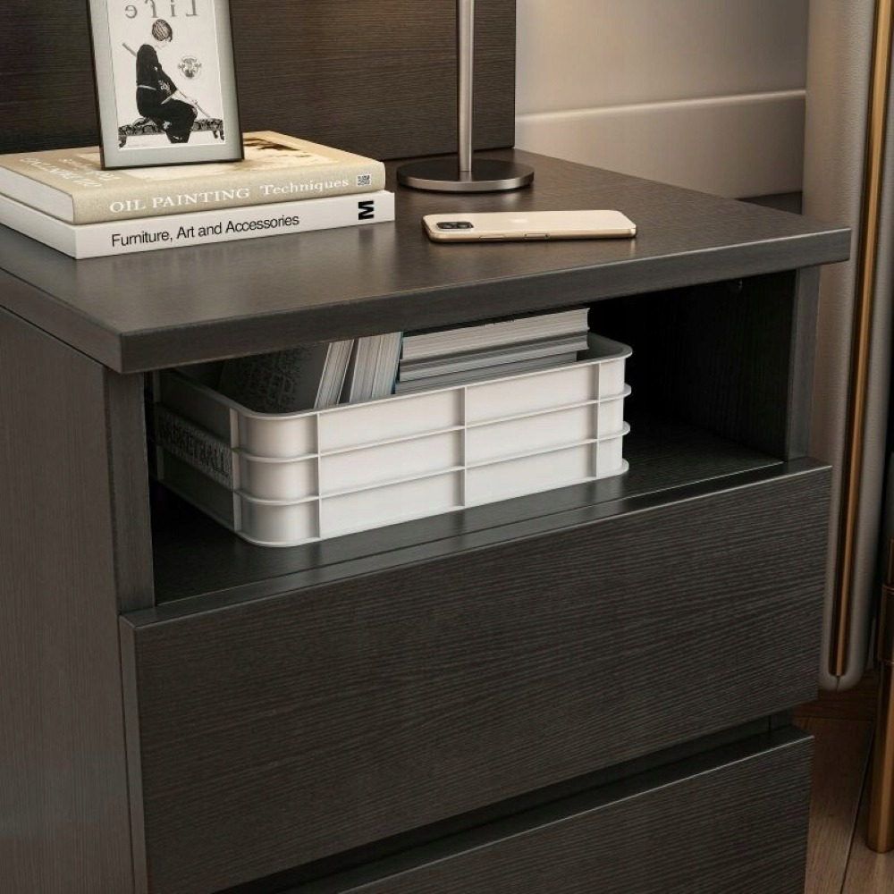 Măsuță de noptieră neagră cu 2 sertare 40 cm - stil loft modern, MDF