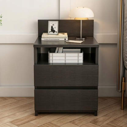 Măsuță de noptieră neagră cu 2 sertare 40 cm - stil loft modern, MDF