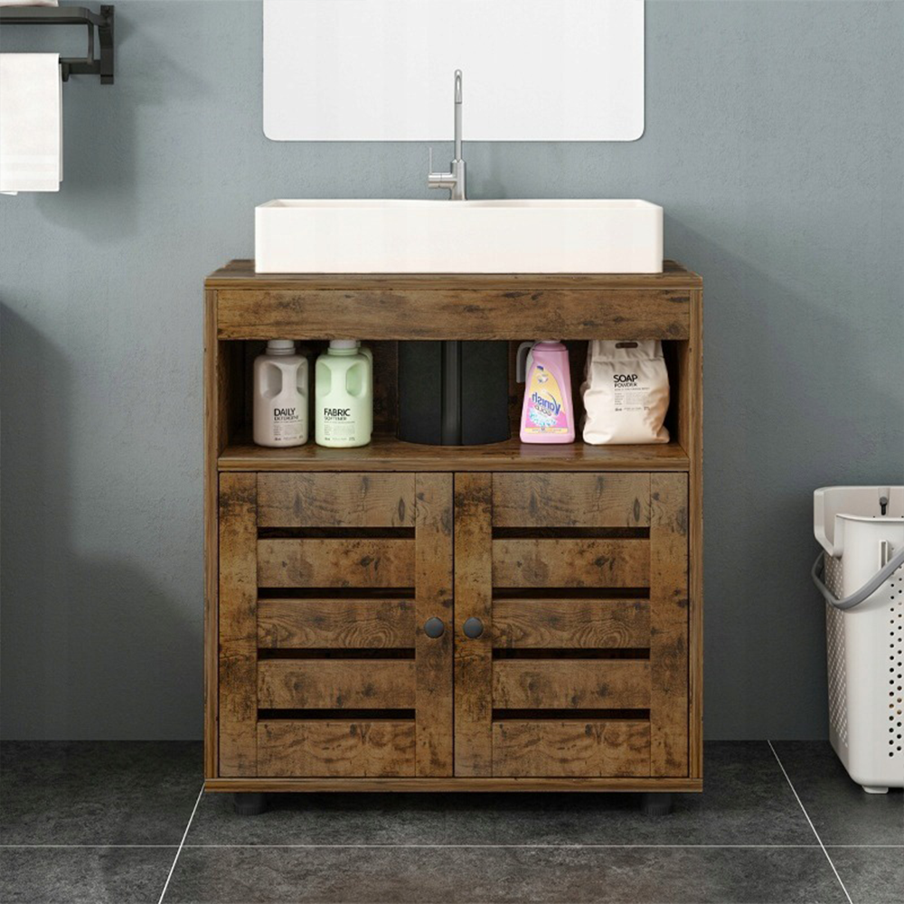 Dulap vanitatea baie - 60 cm, maro rustic, cu rafturi și uși