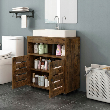 Dulap vanitatea baie - 60 cm, maro rustic, cu rafturi și uși