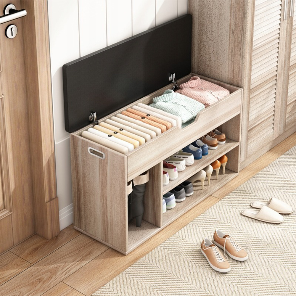 Bancă pentru holul de intrare cu compartiment de depozitare, stejar deschis, 80x30x44 cm - Scaun tapițat din MDF