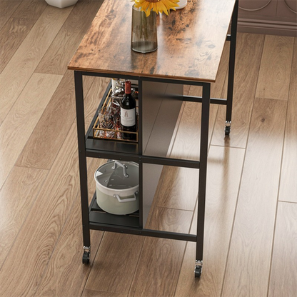 Masă de bar cu rafturi și roți, 120x60x97 cm - Design loft modern, maro închis / negru