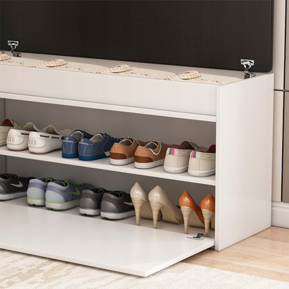 Dulap de pantofi alb cu bancă căptușită și depozitare - 100x49x35 cm