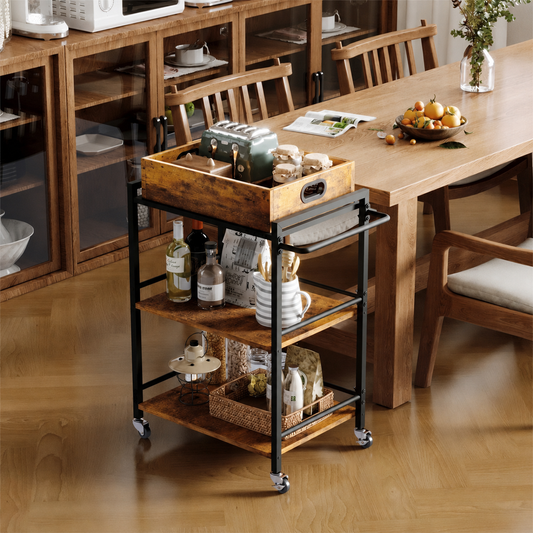 Cărucior de Bucătărie pe Roți Maro 86 cm – Tavă Detașabilă Vintage Loft