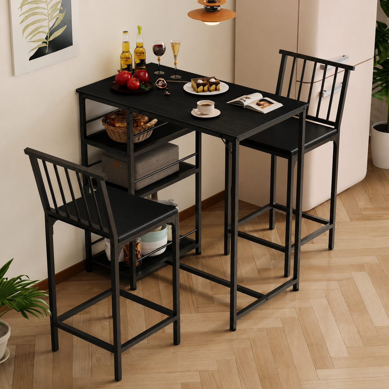 Set Bar Loft Negru – Masă + 2 Scaune pentru Bucătărie și Dining