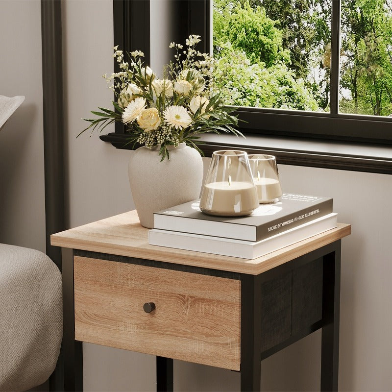 Noptieră cu sertare și raft, maro deschis, stil industrial loft, 51 cm