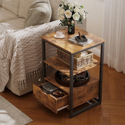 Noptieră, măsuță de dormitor, comodă, sertar, maro închis, stil loft, rafturi, 80 cm