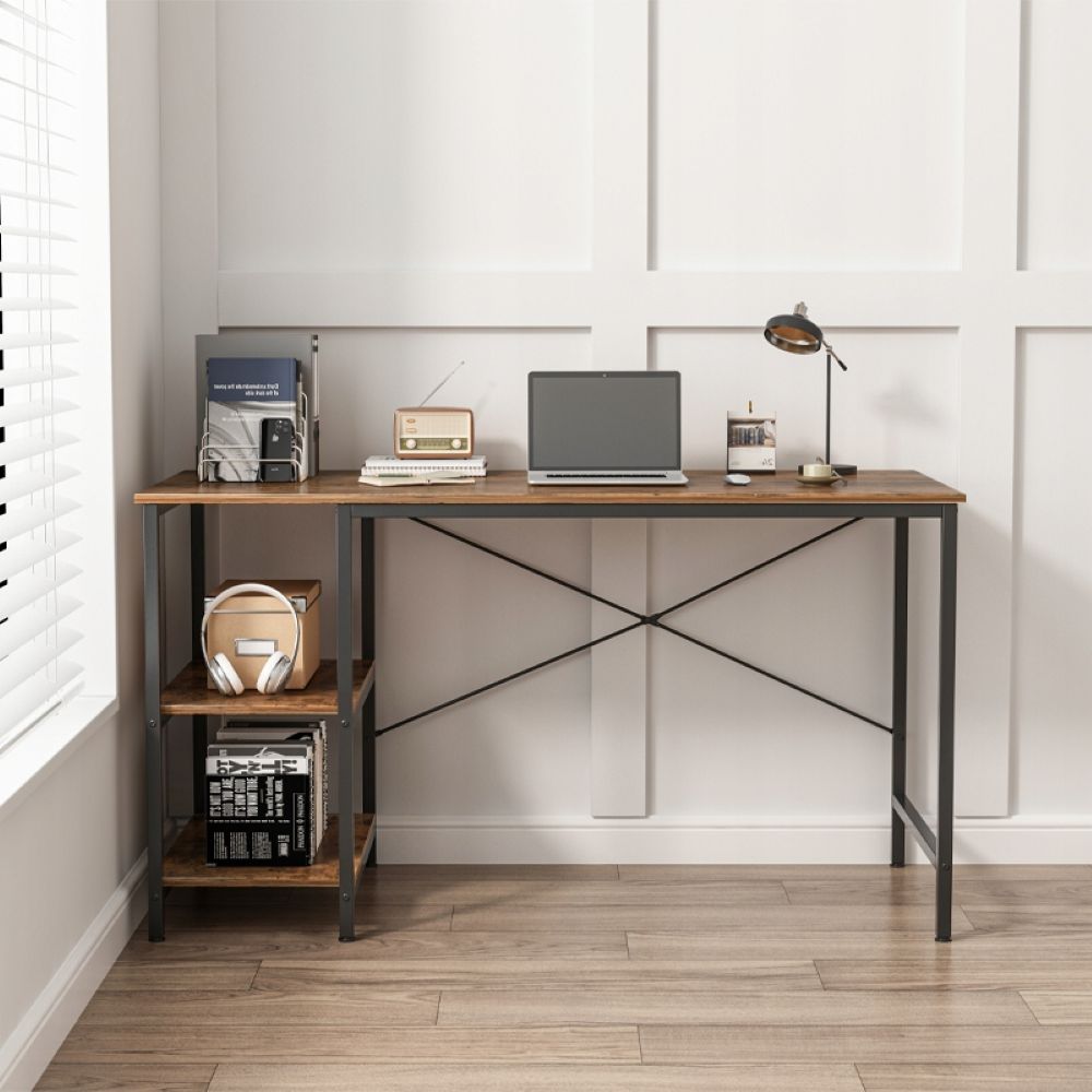 Masă pentru calculator - metal, stil gamer, design loft/industrial, 2 rafturi laterale, 120 cm