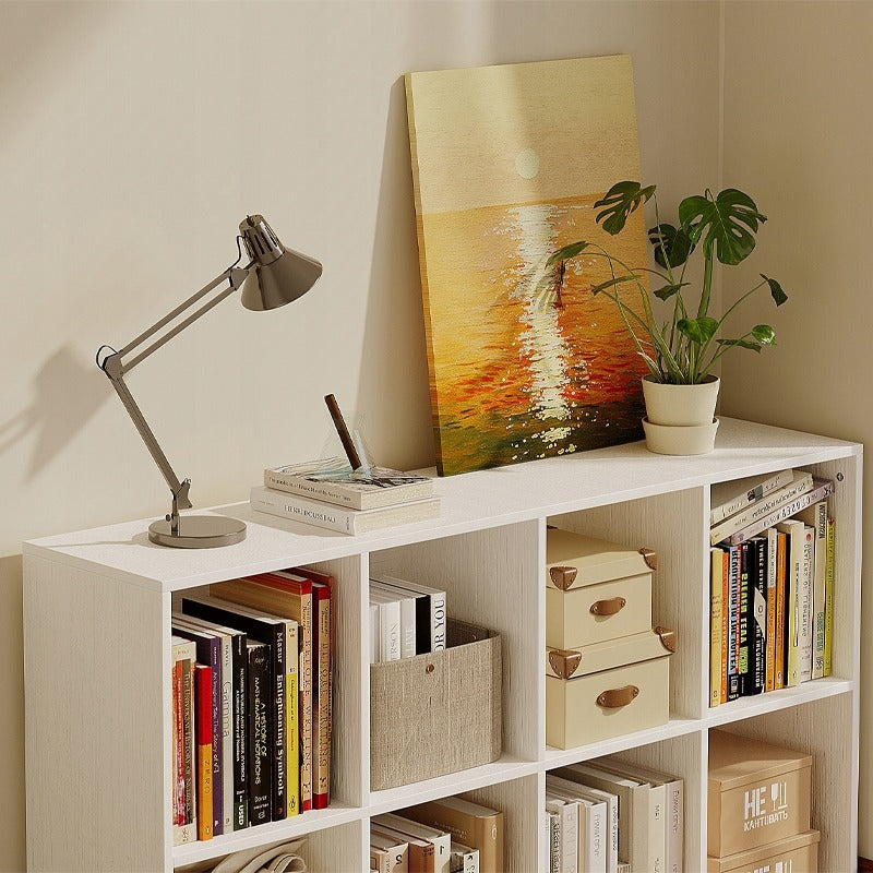 Bibliotecă deschisă, comodă cu 4x2 sertare cubice, spațioasă, albă, pentru cărți, birou, modernă