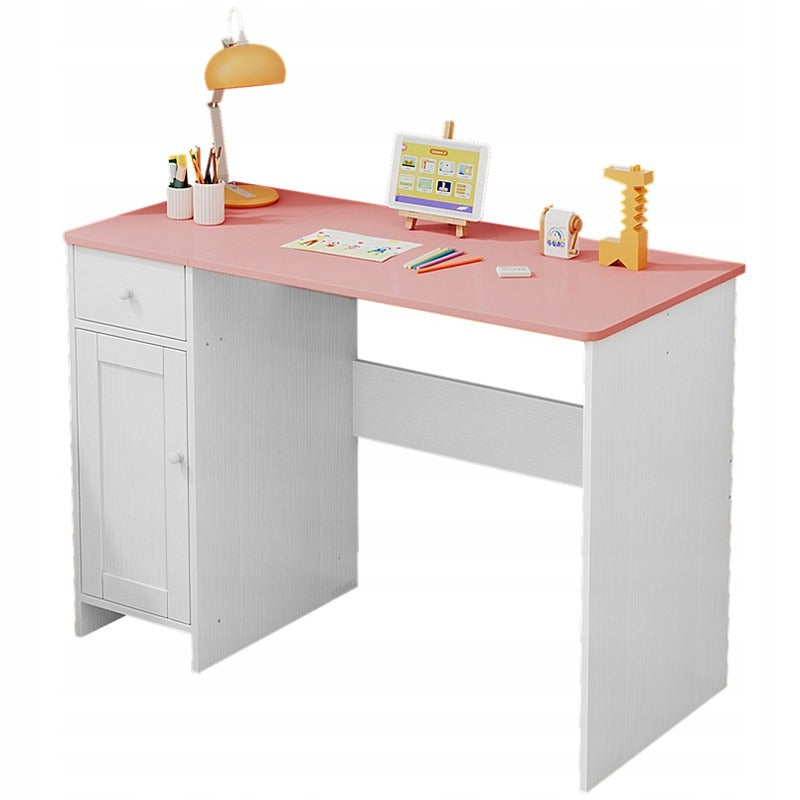 Birou alb cu sertar și dulap pentru fete, cu blat roz, stil loft, spațios