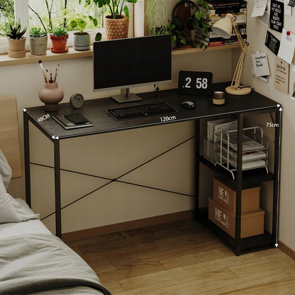 Birou pentru computer, masă loft, negru, modern, cu rafturi industriale, 120 cm