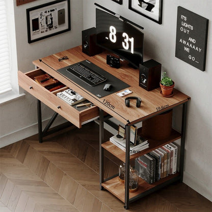 Birou de calculator Loft Industrial Maro Deschis cu Sertar și Rafturi 120cm