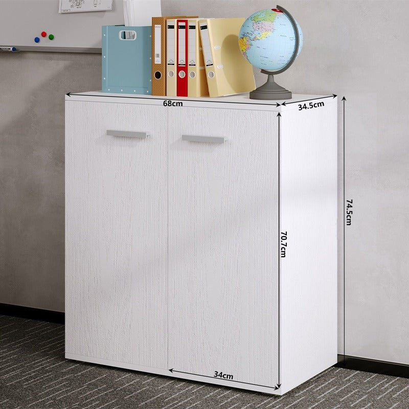 Comodă albă pentru birou/living, corp de etajeră cu 2 uși și 3 rafturi, stil loft, 68 cm