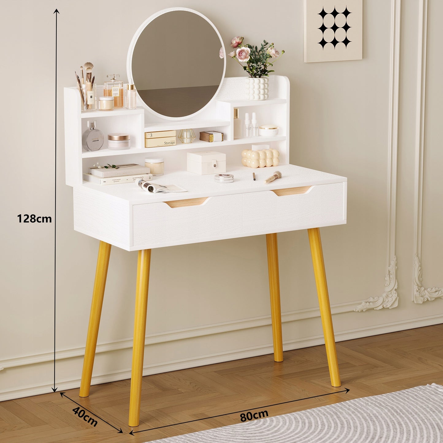 Măsuță de toaletă modernă cu oglindă și sertar, în stil scandinav, cu spațiu generos