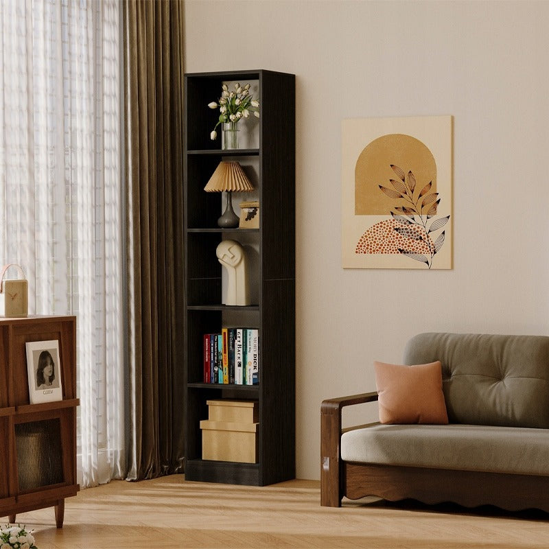 Bibliotecă verticală neagră cu rafturi înalte, dulap modern cu coloană, 182 cm