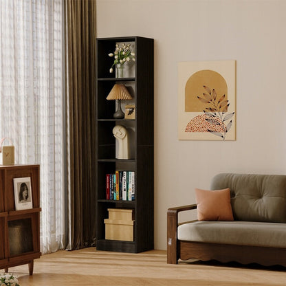 Bibliotecă verticală neagră cu rafturi înalte, dulap modern cu coloană, 182 cm