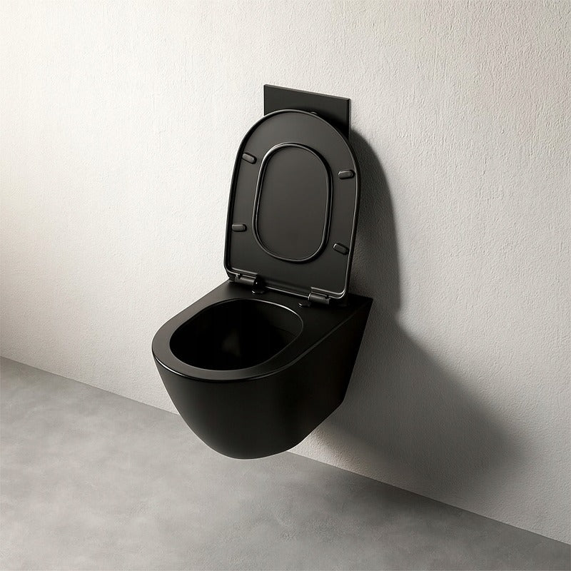 Vas de toaletă negru fără margine, cu capac cu închidere lentă, sistem de spălare Duroplast Vortex