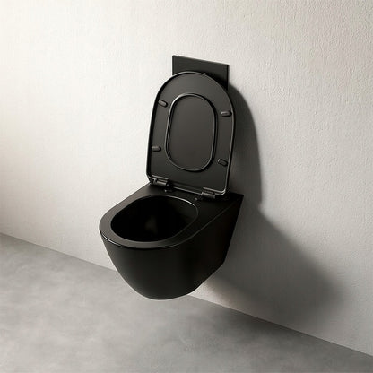 Vas de toaletă negru fără margine, cu capac cu închidere lentă, sistem de spălare Duroplast Vortex