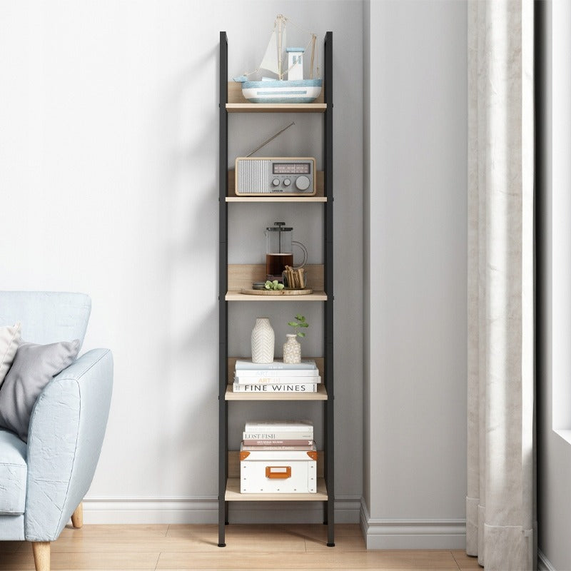 Bibliotecă industrială înaltă, maro deschis, 5 rafturi, stil scară