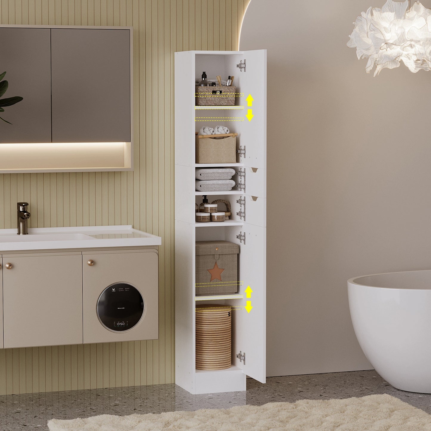 Dulap de baie din lemn alb, unitate de etaj, practic, spațios, stil Loft, 180cm
