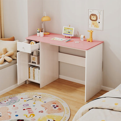 Birou alb cu sertar și dulap pentru fete, cu blat roz, stil loft, spațios