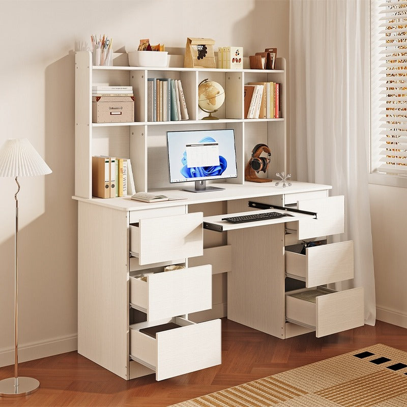 Birou modern cu extensie – alb, 6 sertare