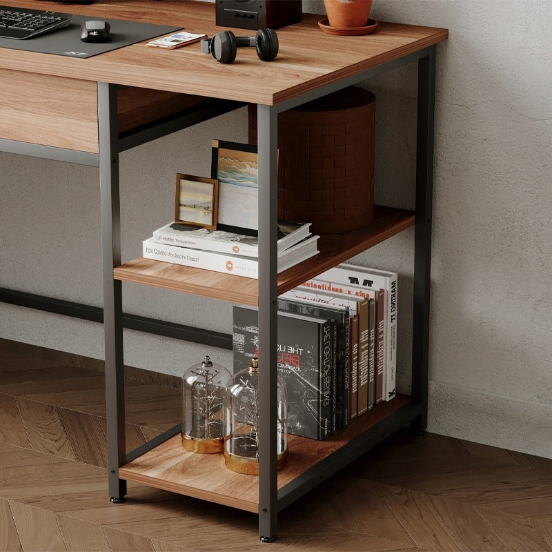 Birou de calculator Loft Industrial Maro Deschis cu Sertar și Rafturi 120cm