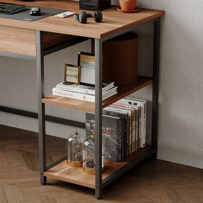 Birou de calculator Loft Industrial Maro Deschis cu Sertar și Rafturi 120cm
