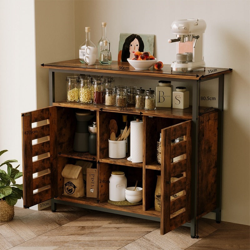 Comodă laterală cu rafturi deschise, maro, cu sertare, în stil retro loft, pentru bucătărie