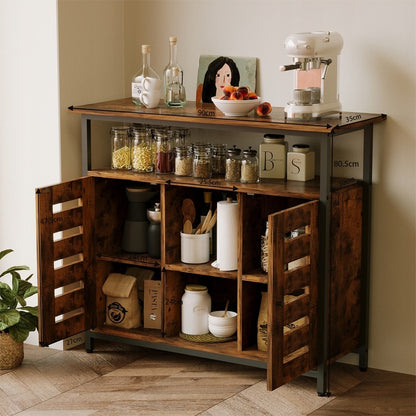 Comodă laterală cu rafturi deschise, maro, cu sertare, în stil retro loft, pentru bucătărie