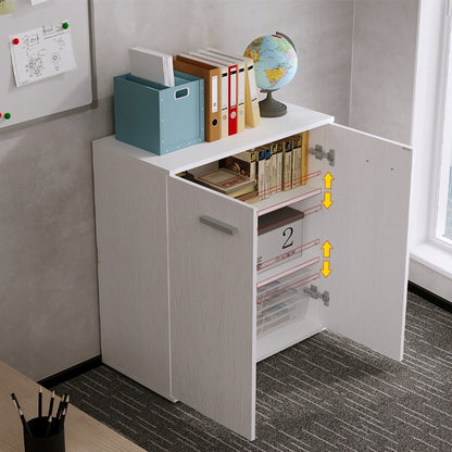 Comodă albă pentru birou/living, corp de etajeră cu 2 uși și 3 rafturi, stil loft, 68 cm