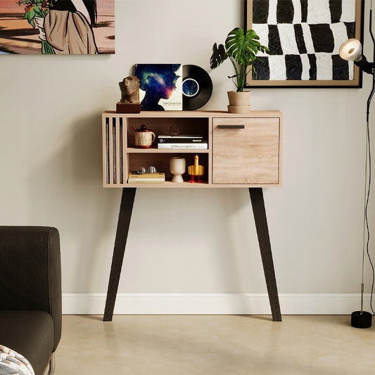 Masă consolă modernă tip loft din stejar deschis cu șipci pentru hol, cu încuietoare, 80 cm