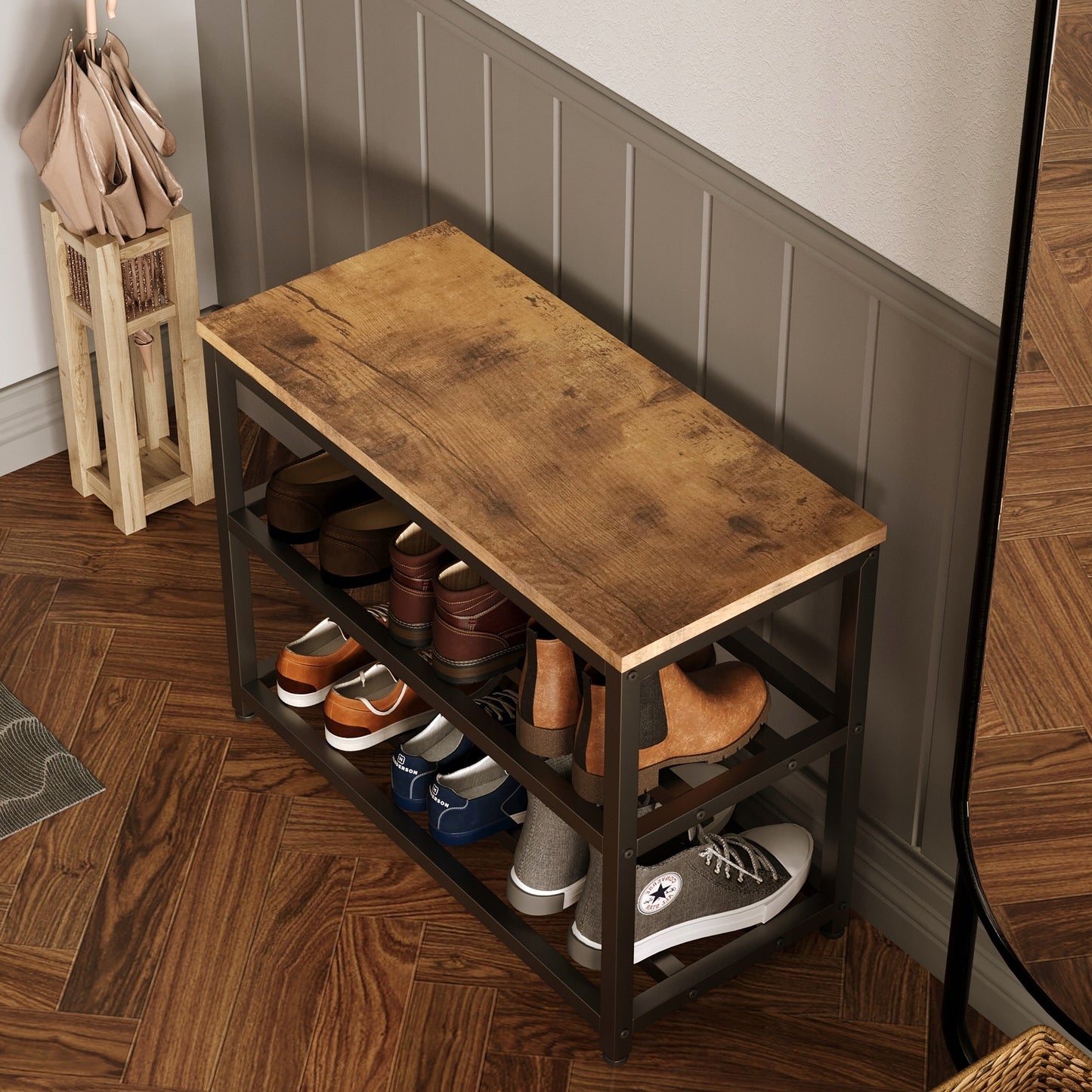 Dulap pentru pantofi cu scaun, raft mare, stil industrial, loft, lemn, retro, 60 cm