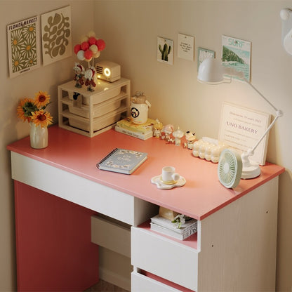Birou pentru copii cu ursuleț roz pentru fete, stil loft modern, raft și sertar